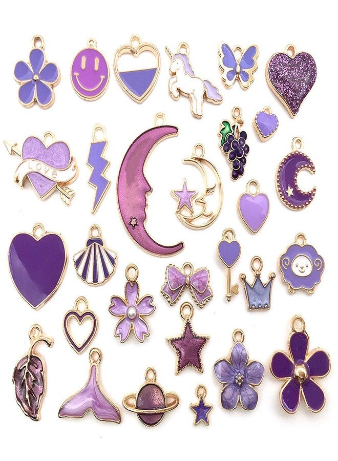 TecoKart 30 PCS Charms For Bracelet Making, Purple Charm Bracelet Pendant DIY, Cute Charms For Jewellery Making, Unicorn Moon Flower Heart Mermaid Charm Bracelet Making Kit For Necklace Pendent DIY - Image 1